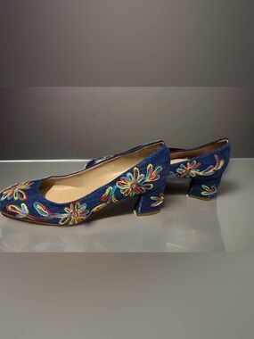 Sesto Meucci Embroidered Floral Block Heel Pumps Blue Multicolor 7.5
